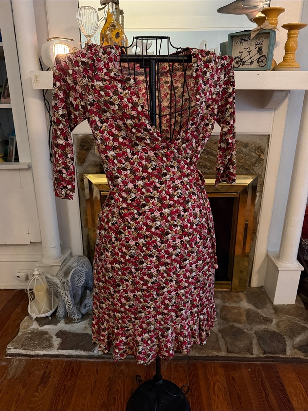 BCBGMaxAzria Burgundy and Cream Floral Wrap Midi Dress